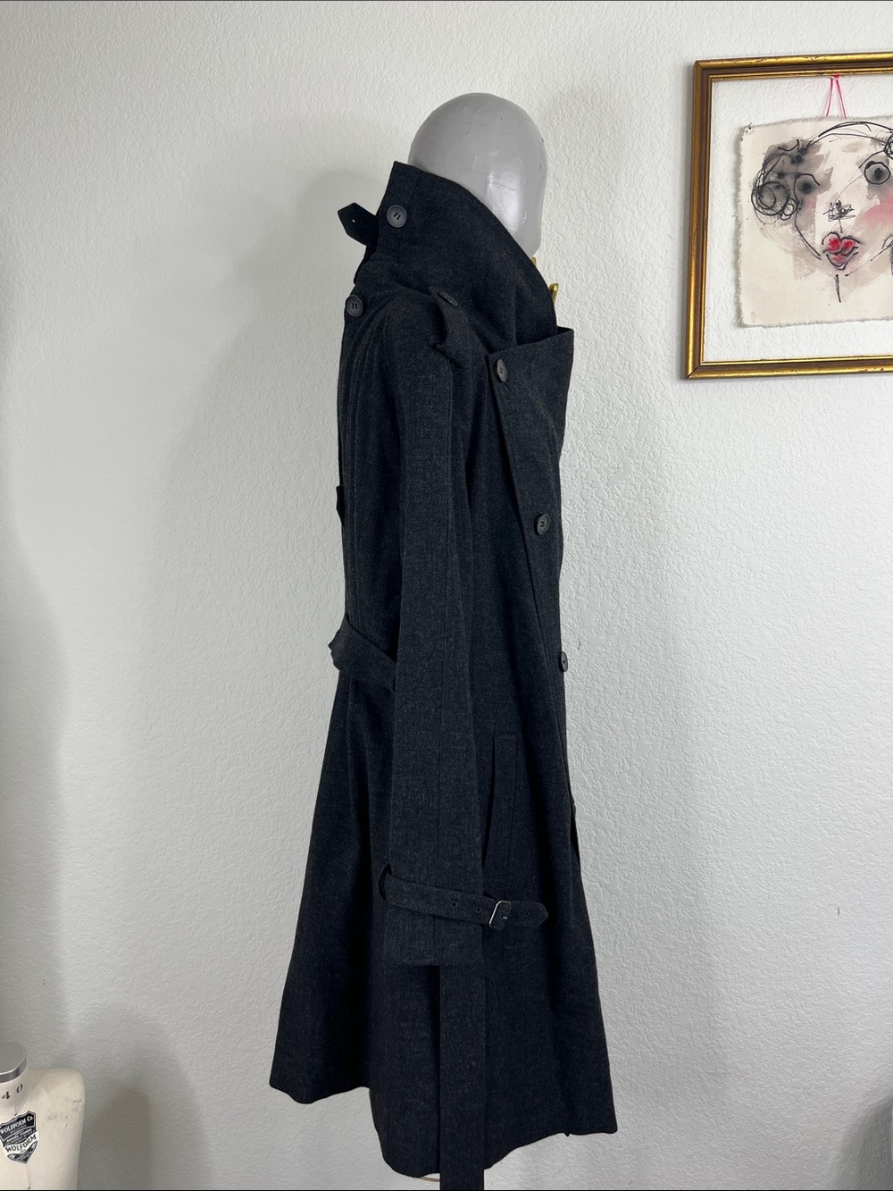All Saints Nahara Asymetrical Cross Front Wool Belted Trench Coat Back Buttons - Picture 5 of 10